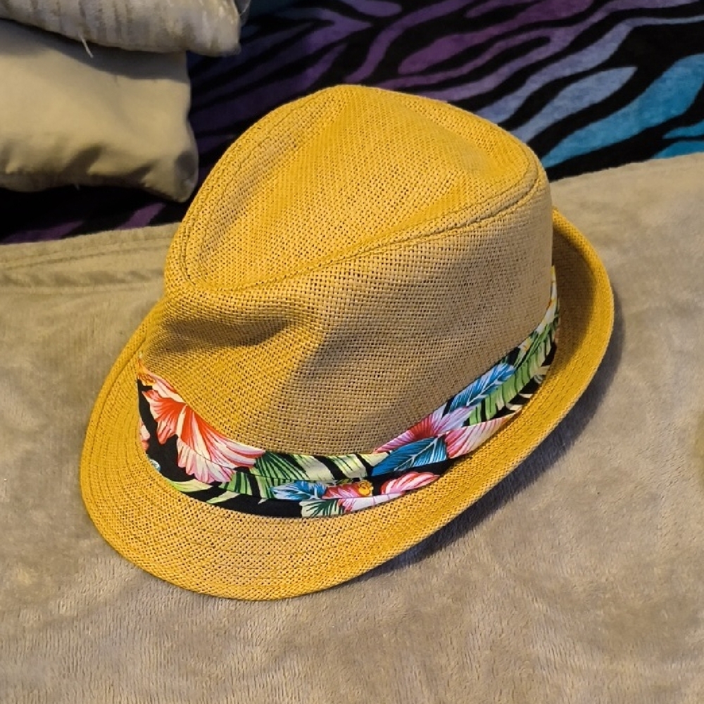 Vibrant Yellow Fedora with Floral Hawaiian Accent